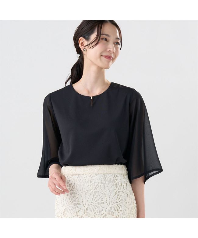 トーキョーシャツ TOKYO SHIRTS フレア袖 シアーブラウス 七分袖 レディース (ブラック) ブラック