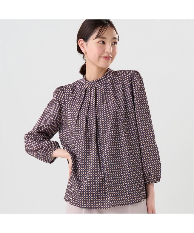 トーキョーシャツ TOKYO SHIRTS スタンドタック プリントブラウス 長袖 レディース (ブラウン) ブラウン