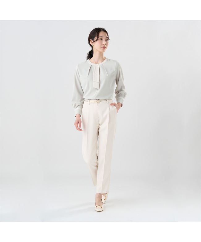 トーキョーシャツ TOKYO SHIRTS ストレッチ ジョーゼット 配色ボウタイブラウス 長袖 レディース (アッシュグリーン) アッシュグリーン