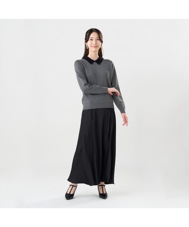 トーキョーシャツ TOKYO SHIRTS ニット 配色襟付 プルオーバー 長袖 レディース (チャコール) チャコール