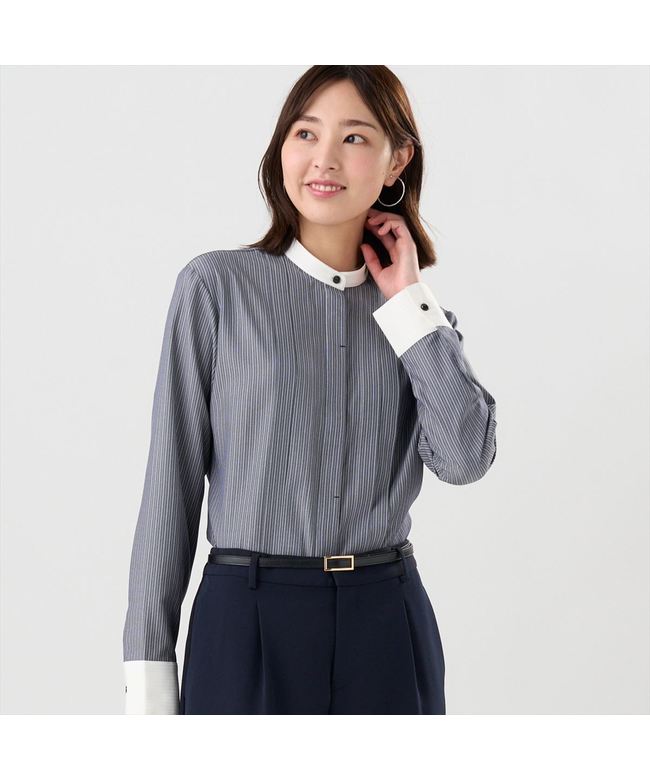 トーキョーシャツ TOKYO SHIRTS 【COFREX】 スタンド 配色ブラウス 長袖 レディースデザインシャツ (チャコール) チャコール