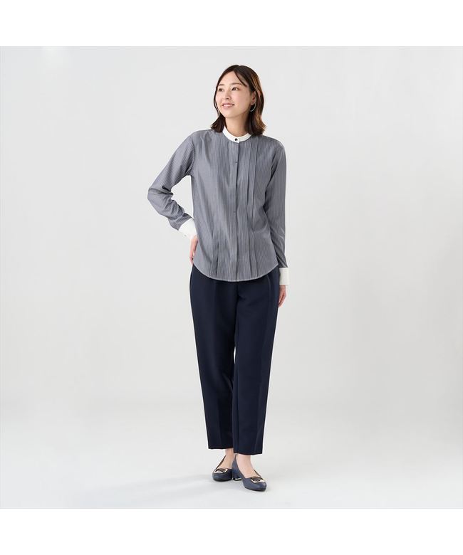 トーキョーシャツ TOKYO SHIRTS 【COFREX】 スタンド 配色ブラウス 長袖 レディースデザインシャツ (チャコール) チャコール