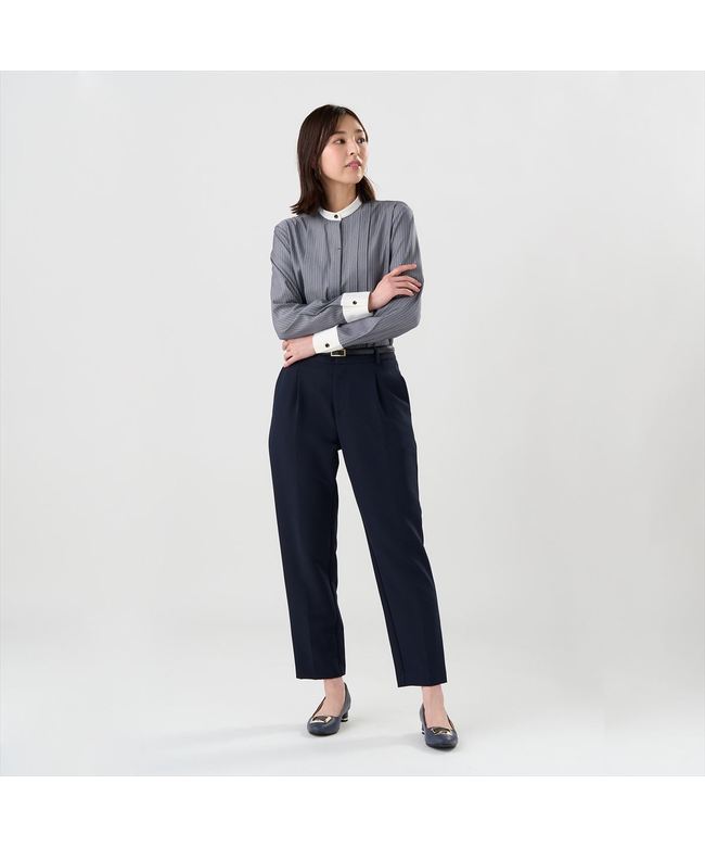 トーキョーシャツ TOKYO SHIRTS 【COFREX】 スタンド 配色ブラウス 長袖 レディースデザインシャツ (チャコール) チャコール