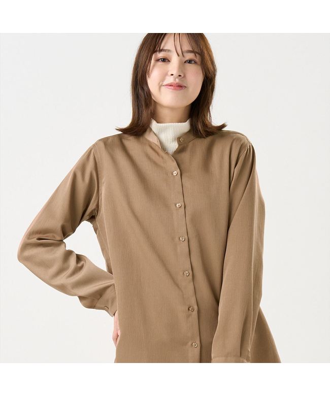 Tokyo Shirts Satin Wide Silhouette Stand Collar Shirt Long Sleeve Ladi