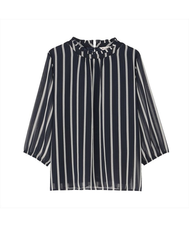 トーキョーシャツ TOKYO SHIRTS ストライプシフォン ブラウス 七分袖 レディース (ネイビー) ネイビー