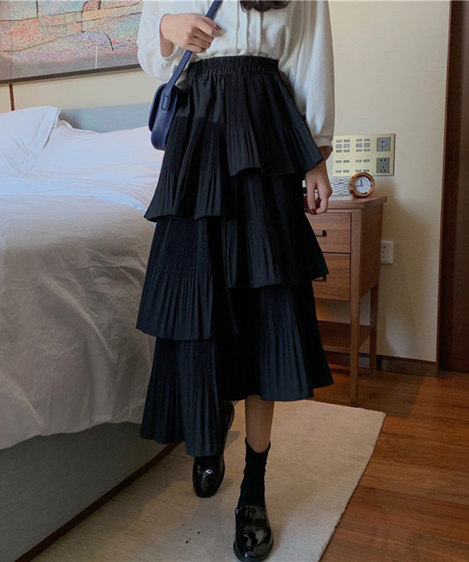 メゾンブリーズ MAISON BREEZE 【MAISON BREEZE】スカート ティアードスカート アシメ フリル ミディ丈 ウエストゴム レディース 韓国 SCCH483,ブラック