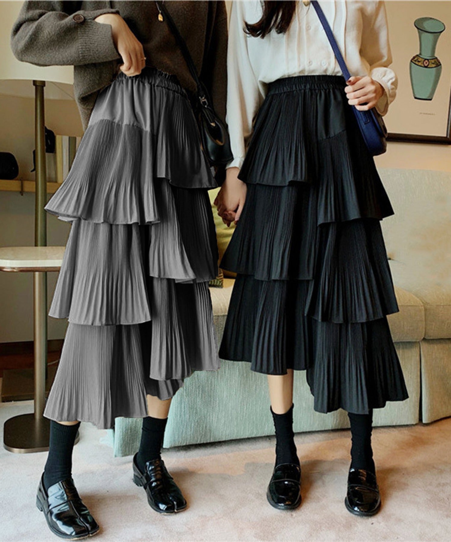 メゾンブリーズ MAISON BREEZE 【MAISON BREEZE】スカート ティアードスカート アシメ フリル ミディ丈 ウエストゴム レディース 韓国 SCCH483,グレー