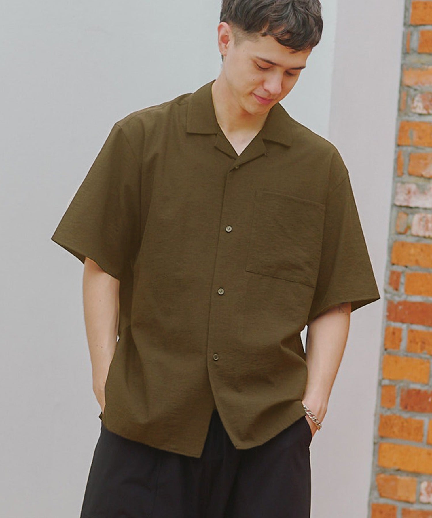 メゾンクラブ MAISON CLUB Open Collar Half Sleeve Shirt / 開襟ハーフスリーブシャツ (ブラウン) ブラウン