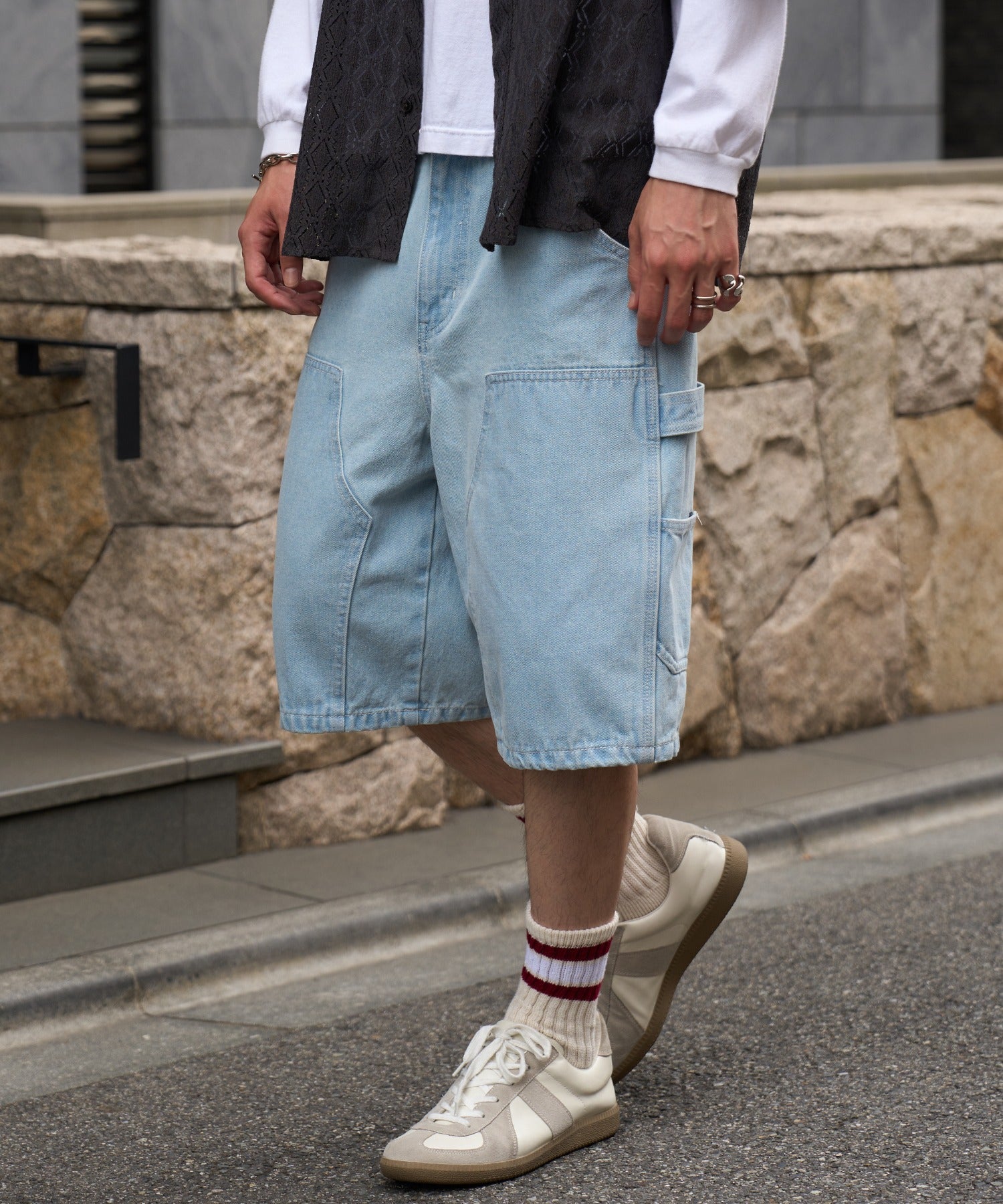 メゾンクラブ MAISON CLUB Double Knee Short Pants / デニムダブルニーショートパンツ ショーツ (サックスブルー) サックスブルー