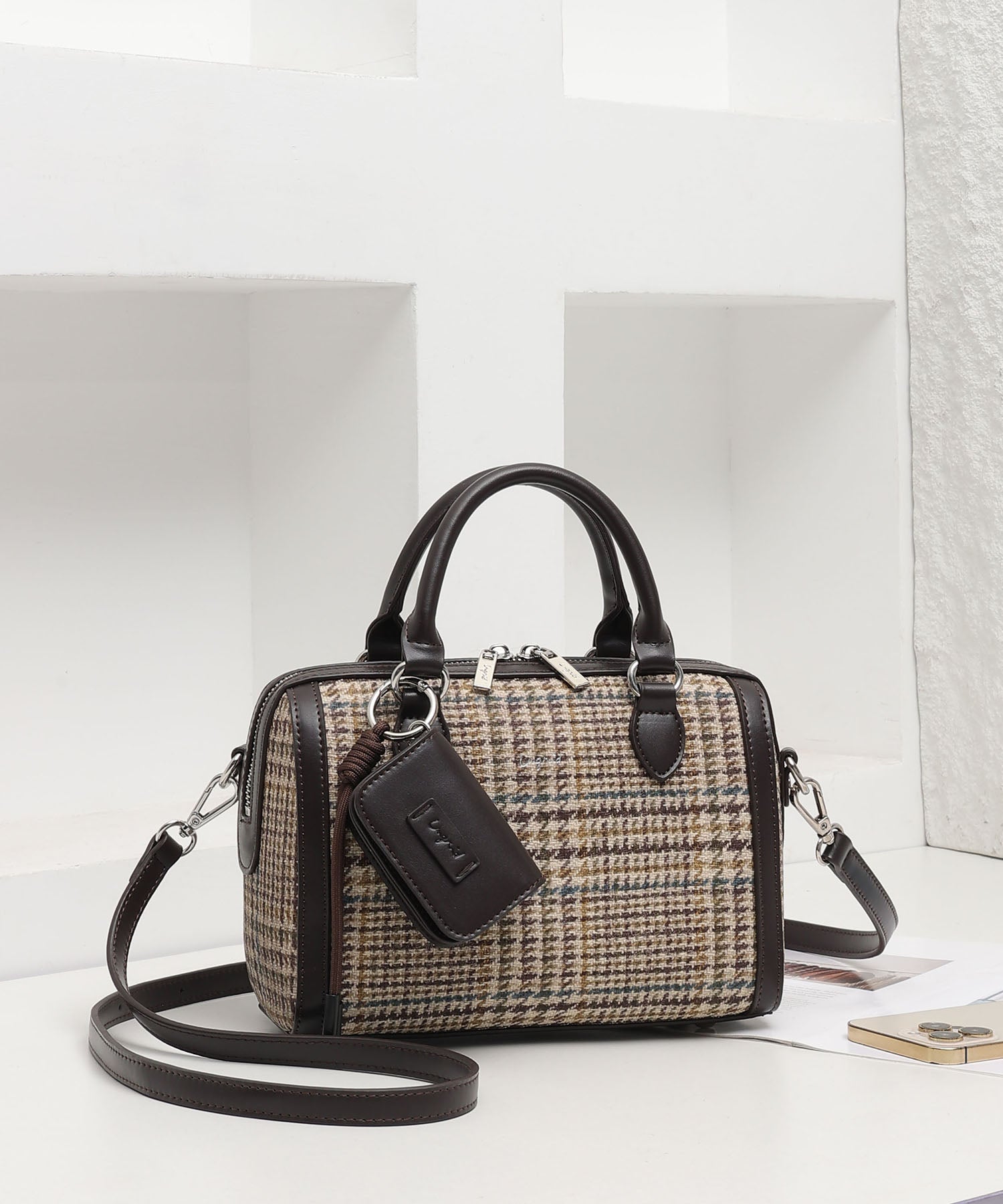 アングリッド Ungrid チェックコンビボストンバッグ ケースチャーム付 BRNCHC