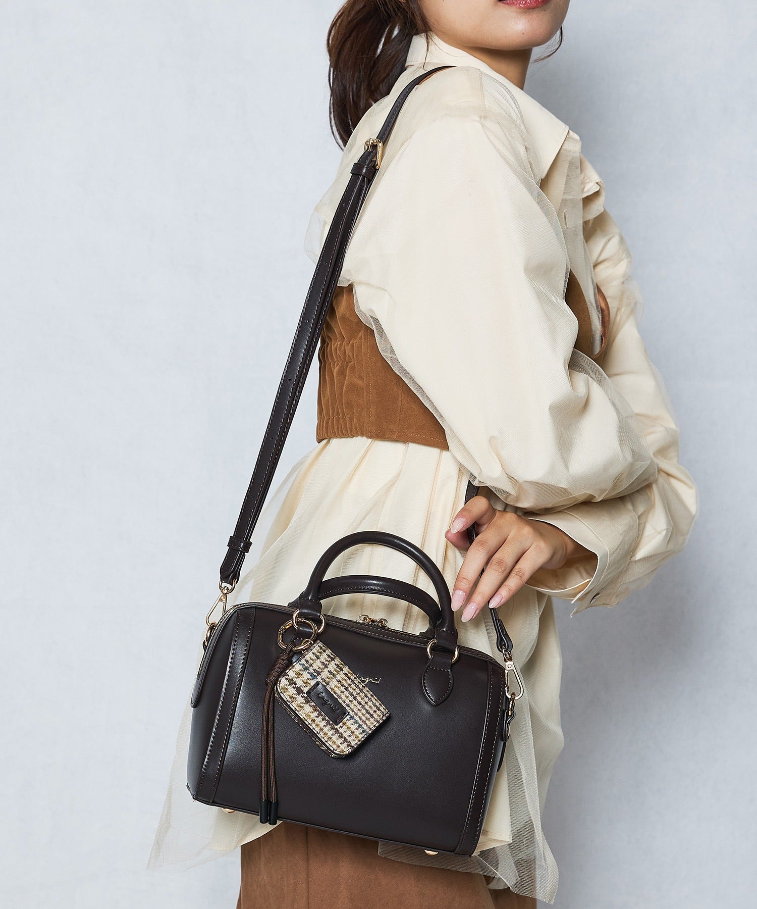 アングリッド Ungrid チェックコンビボストンバッグ ケースチャーム付 DBRN