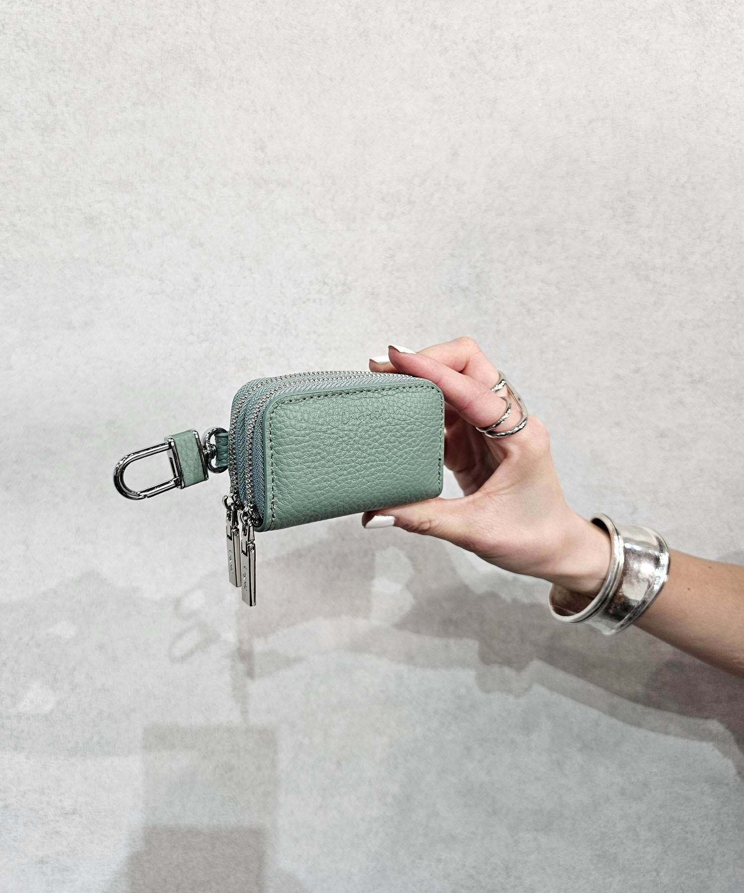 アングリッド Ungrid 本革スマートキーケース 車 ダブルファスナー ダブル ポケット キーチェーン ファスナー カラビナ ギフト (MINT) MINT