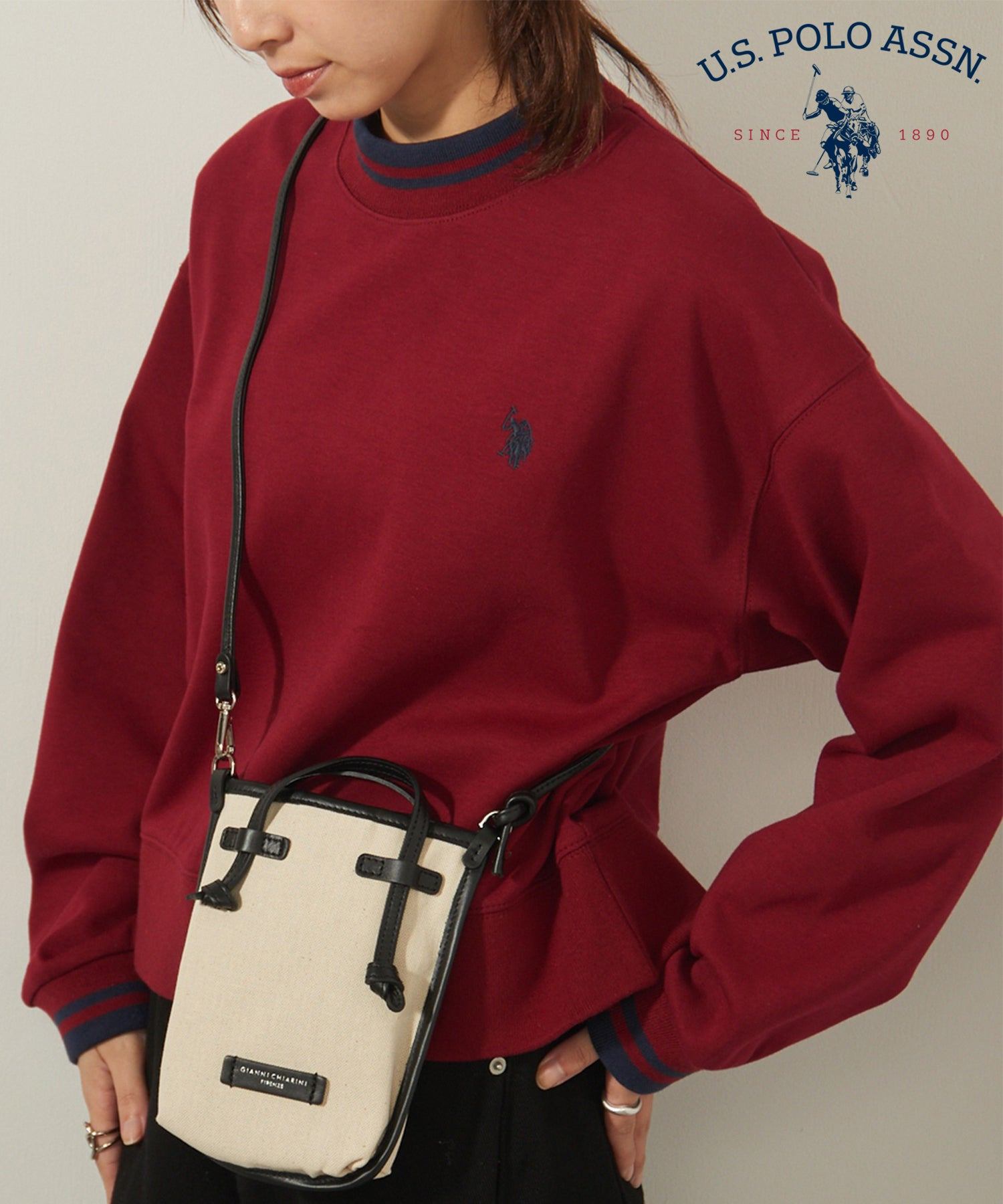 ユーエスポロアッスン U.S. POLO ASSN. 【U.S. POLO ASSN.】モックネックショート丈スウェット,ワイン