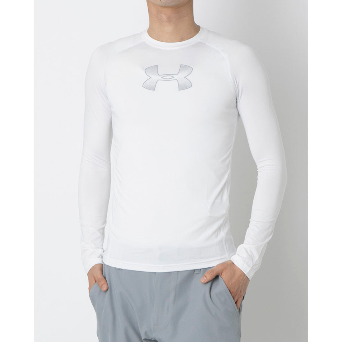 アンダーアーマー UNDER ARMOUR ヒートギア アーマー ロングスリーブ 長袖Tシャツ (ホワイト×グレー) ホワイト×グレー