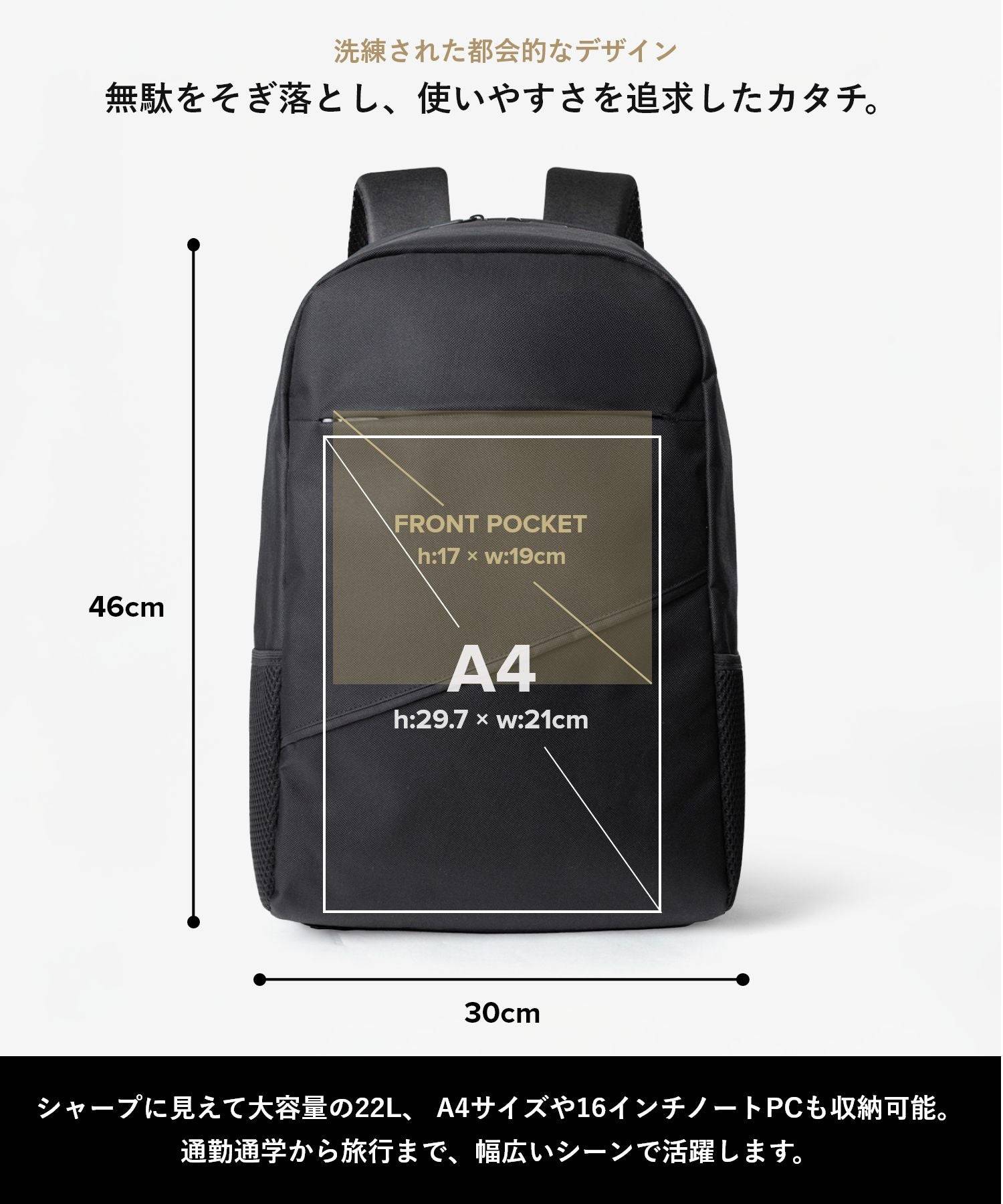 アンノウンアンドコー UNKNOWN&Co. アンノウンアンドコー UNKNOWN&Co. バックパック リュック 22L A4サイズ収納可能 PC収納 軽量 大容量 通勤 通学 ビジネス ジャパンデザイン メンズ バッグ (BLACK/ブラック) BLACK/ブラック