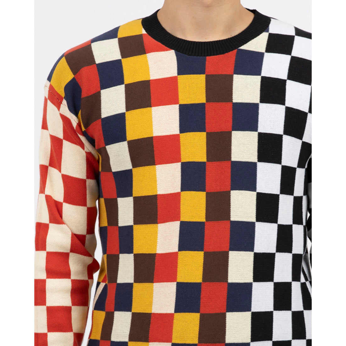United Colors of Benetton. Multicolor Block Check Crew Neck Knit Sweater
