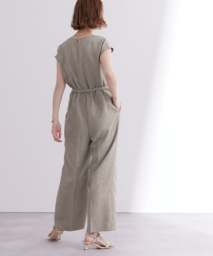 ユアーズ ur's リネンライクヘンリーネックオールインワン (アップルグリーン) アップルグリーン