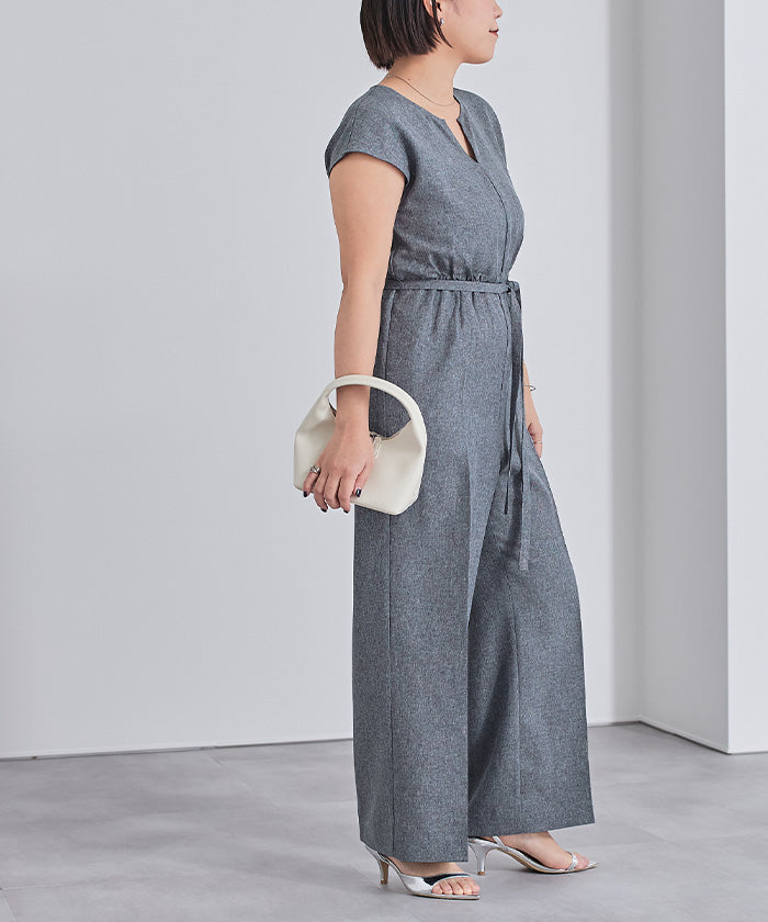 ユアーズ ur's リネンライクヘンリーネックオールインワン (アップルグリーン) アップルグリーン