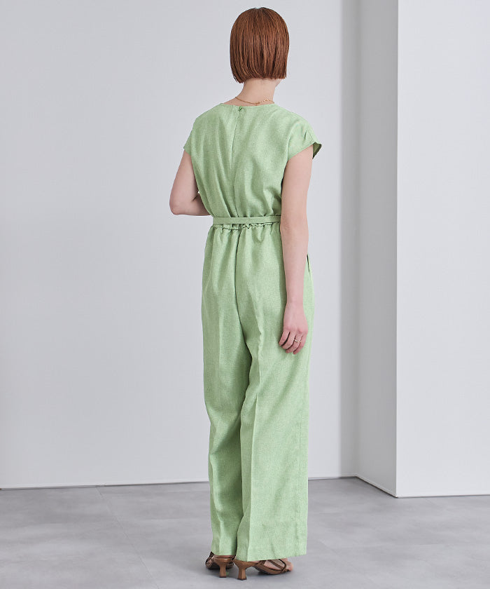 ユアーズ ur's リネンライクヘンリーネックオールインワン (アップルグリーン) アップルグリーン