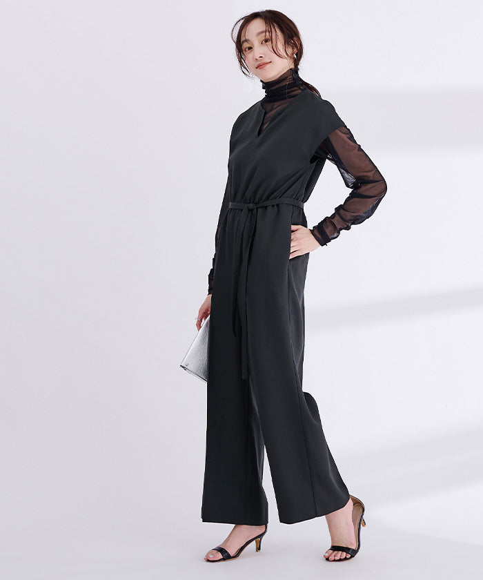 ユアーズ ur's リネンライクヘンリーネックオールインワン (アップルグリーン) アップルグリーン