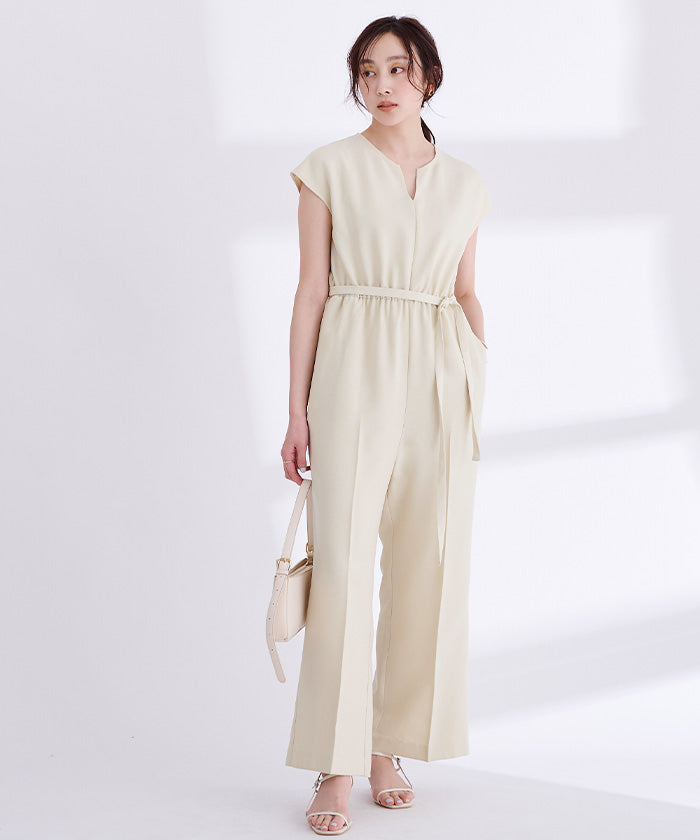 ユアーズ ur's リネンライクヘンリーネックオールインワン (アップルグリーン) アップルグリーン