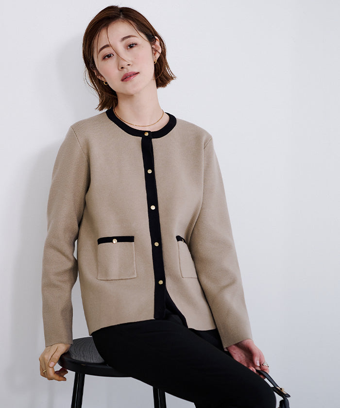 ユアーズ ur's ゴールド釦ポケットデザインニットジャケット (ベージュ/ブラック) ベージュ/ブラック