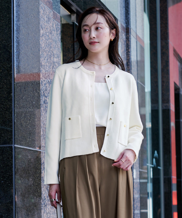 ユアーズ ur's ゴールド釦ポケットデザインニットジャケット (ホワイト) ホワイト