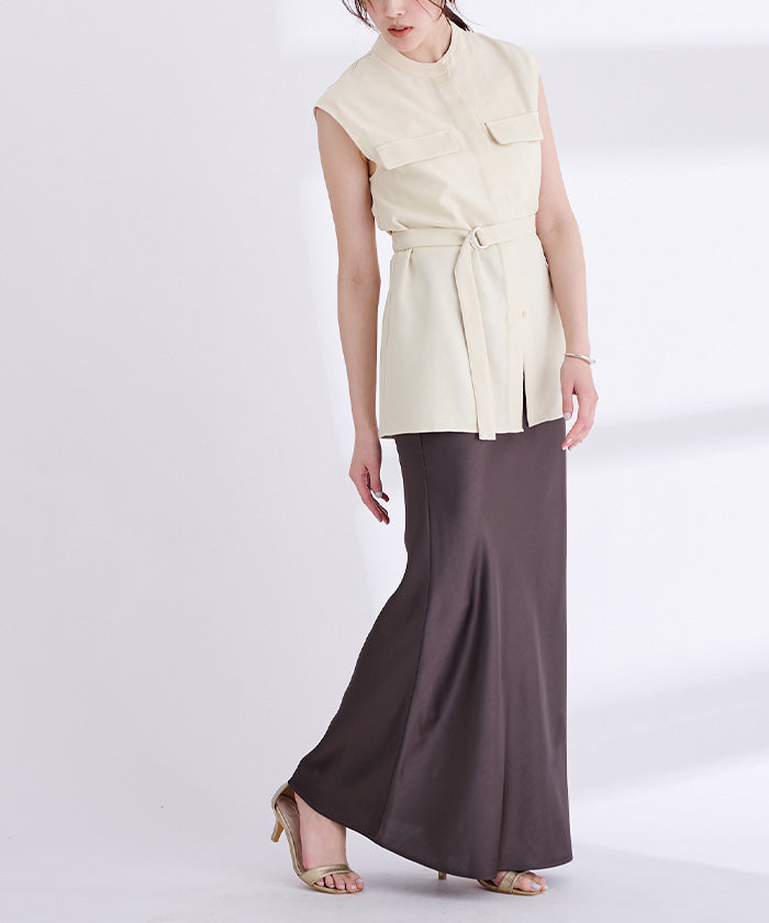 ユアーズ ur's リネンライクノースリーブトップス (ダークブラウン) ダークブラウン