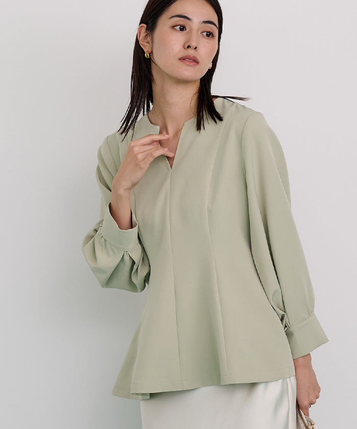 ユアーズ ur's キーネックボリュームスリーブペプラムトップス (ホワイト) ホワイト