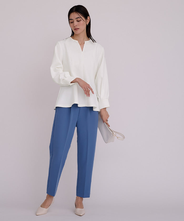 ユアーズ ur's キーネックボリュームスリーブペプラムトップス (ホワイト) ホワイト