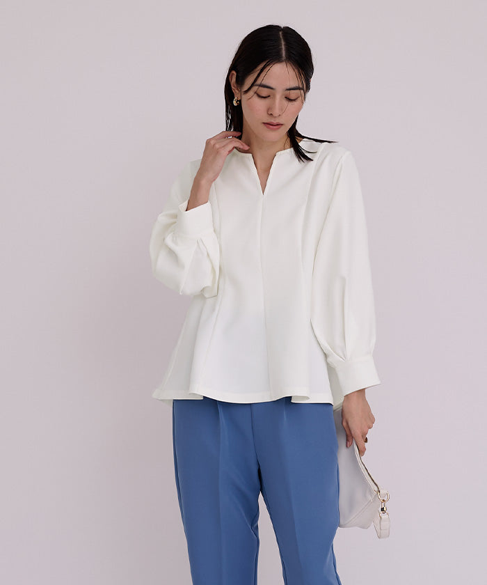 ユアーズ ur's キーネックボリュームスリーブペプラムトップス (ホワイト) ホワイト