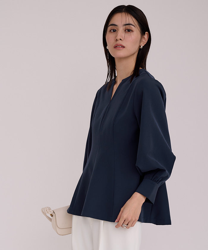 ユアーズ ur's キーネックボリュームスリーブペプラムトップス (ホワイト) ホワイト