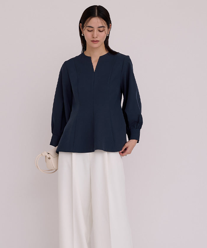 ユアーズ ur's キーネックボリュームスリーブペプラムトップス (ホワイト) ホワイト