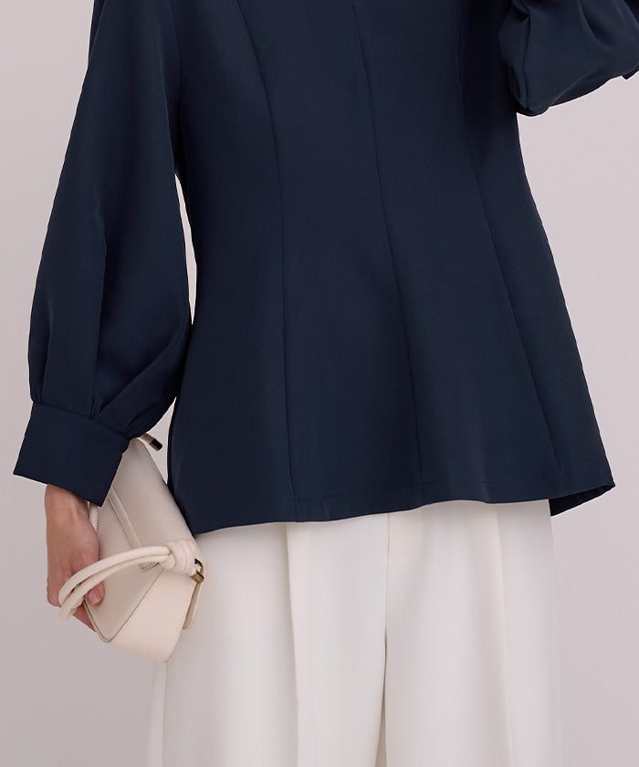 ユアーズ ur's キーネックボリュームスリーブペプラムトップス (ホワイト) ホワイト