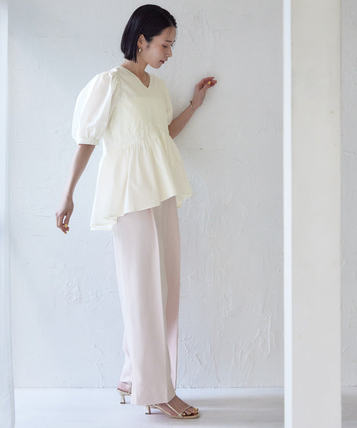 ユアーズ ur's コットンペプラムVネックブラウス (オフホワイト) オフホワイト