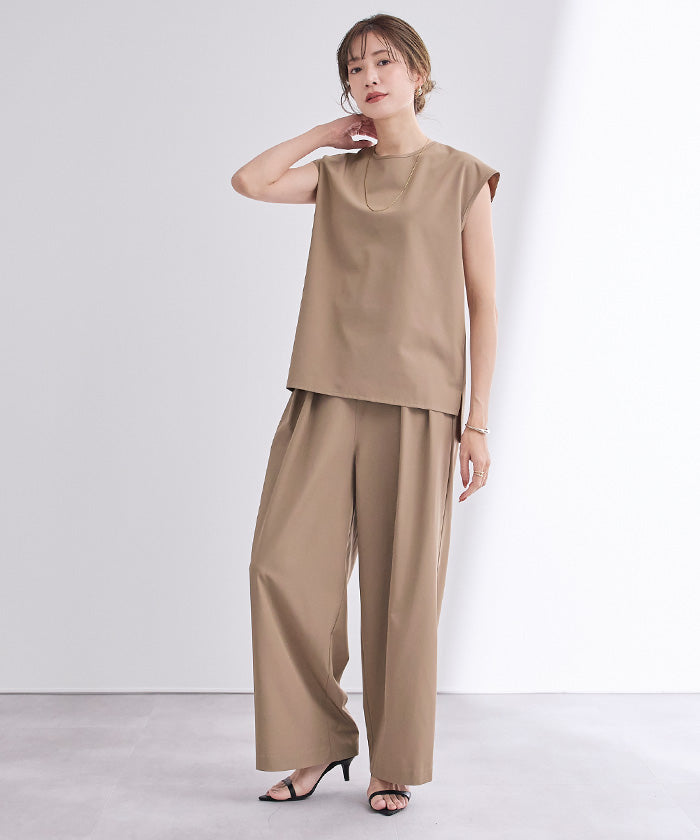 ユアーズ ur's 撥水ウエストゴムツータックワイドパンツ (ベージュ) ベージュ