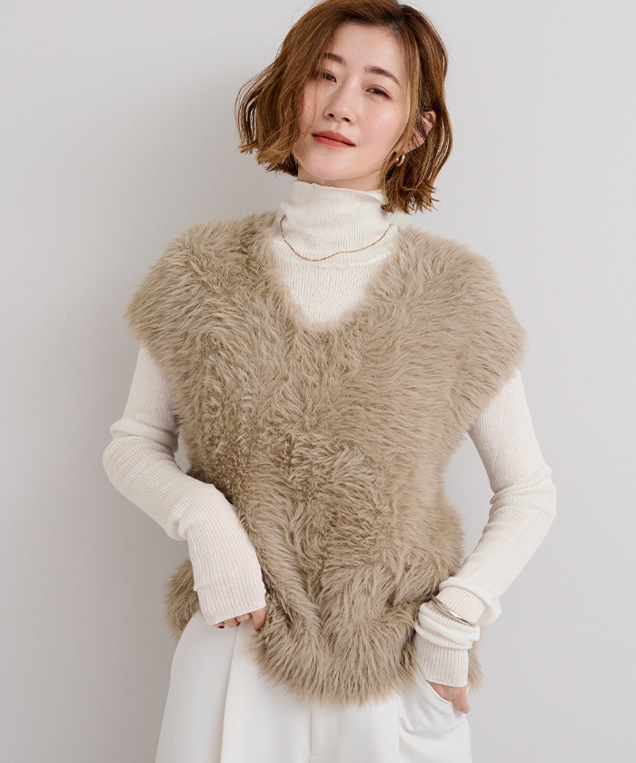 ユアーズ ur's ウールブレンドハイネックリブニット (ベージュ) ベージュ