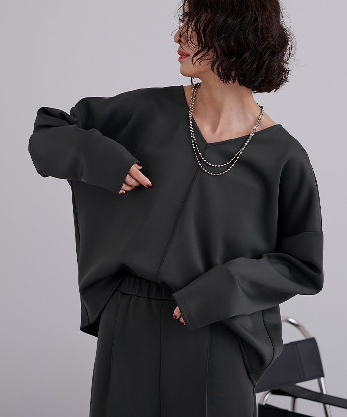 ユアーズ ur's Vネックトップス×パンツ/ボンディングセットアップ (ホワイト) ホワイト