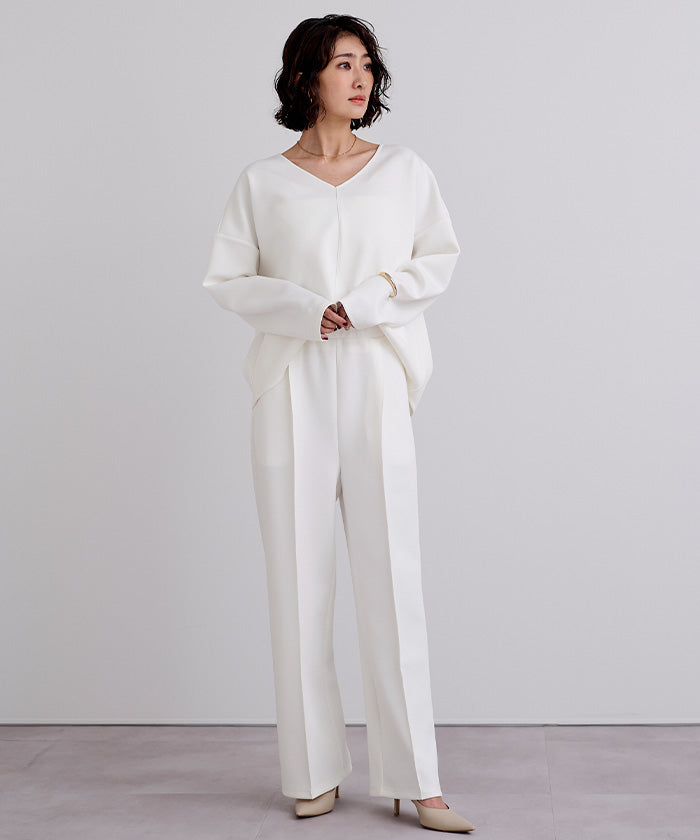 ユアーズ ur's Vネックトップス×パンツ/ボンディングセットアップ (ホワイト) ホワイト