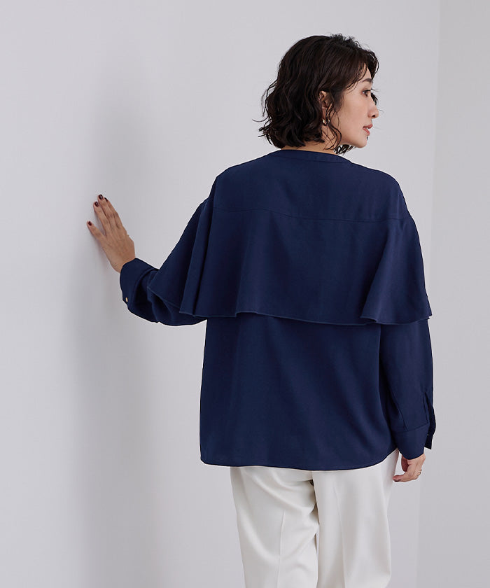 ユアーズ ur's ラッフルバンドカラーブラウス (ネイビー) ネイビー