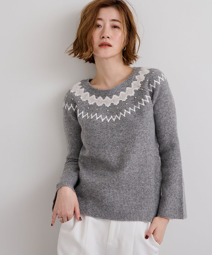 ユアーズ ur's フェアアイルフレアスリーブビジューニット (グレー) グレー