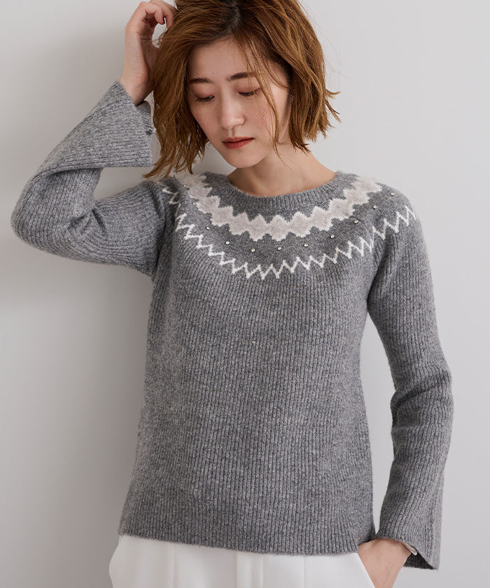 ユアーズ ur's フェアアイルフレアスリーブビジューニット (グレー) グレー