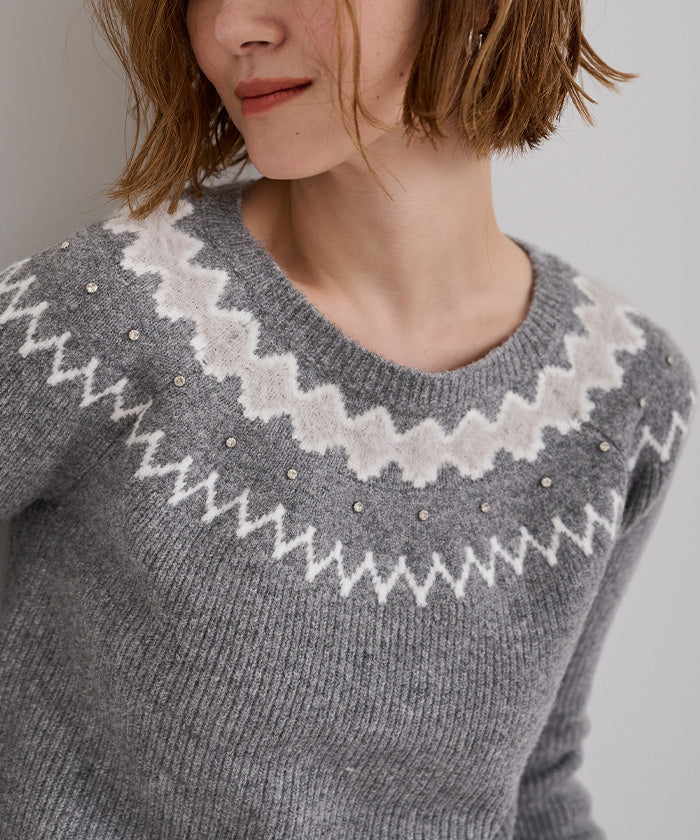 ユアーズ ur's フェアアイルフレアスリーブビジューニット (グレー) グレー