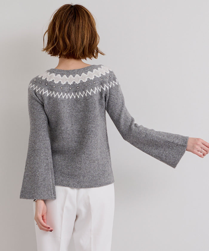 ユアーズ ur's フェアアイルフレアスリーブビジューニット (グレー) グレー