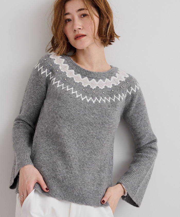 ユアーズ ur's フェアアイルフレアスリーブビジューニット (グレー) グレー