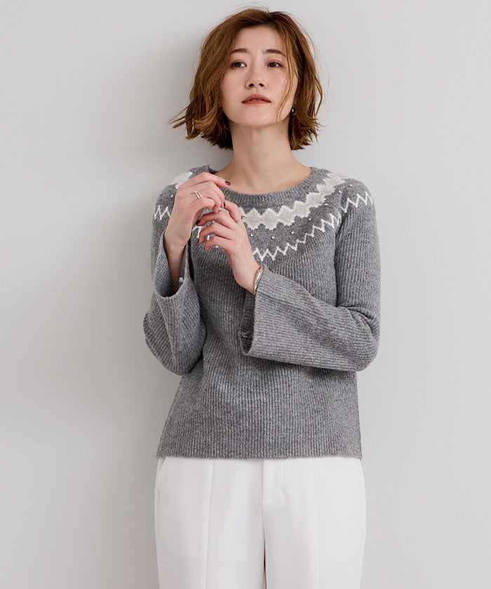 ユアーズ ur's フェアアイルフレアスリーブビジューニット (グレー) グレー