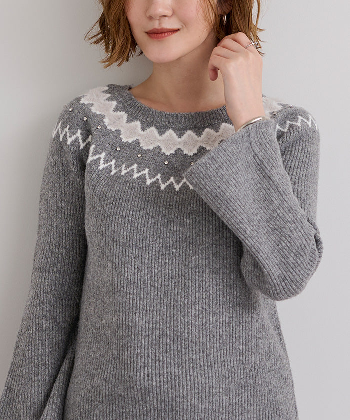 ユアーズ ur's フェアアイルフレアスリーブビジューニット (グレー) グレー