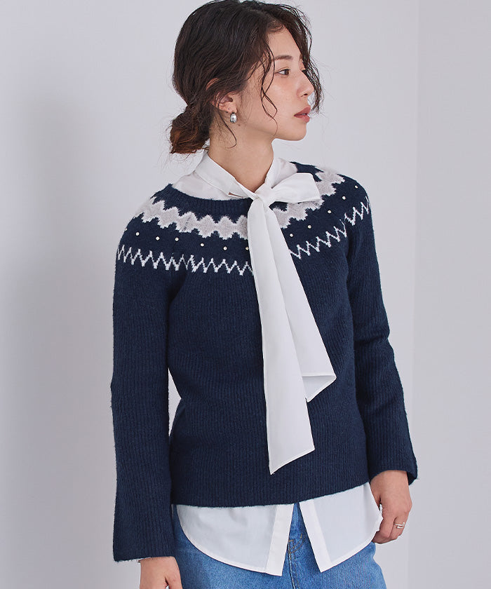 ユアーズ ur's フェアアイルフレアスリーブビジューニット (グレー) グレー