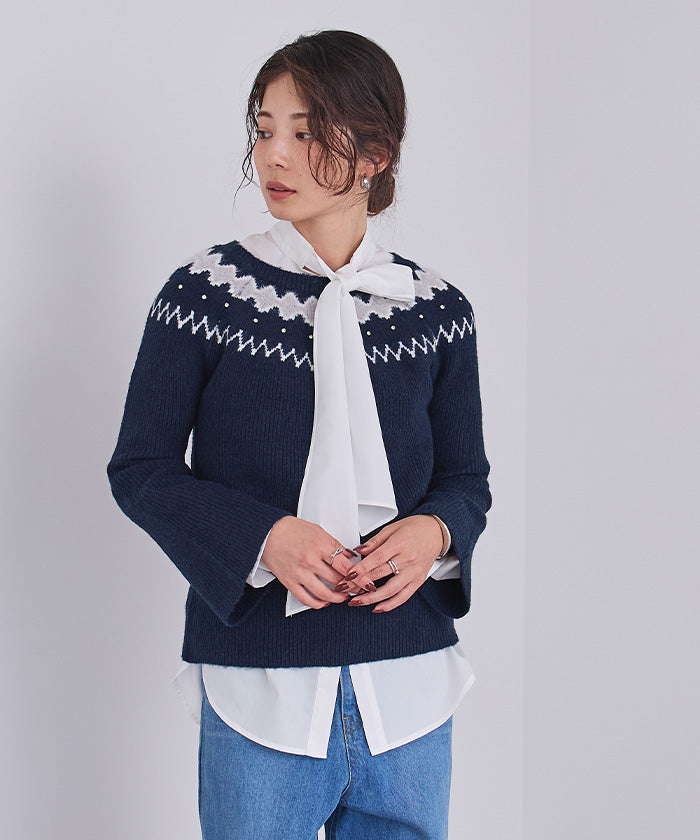 ユアーズ ur's フェアアイルフレアスリーブビジューニット (グレー) グレー