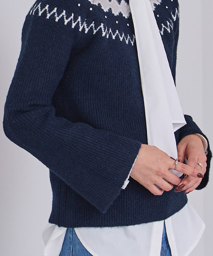 ユアーズ ur's フェアアイルフレアスリーブビジューニット (グレー) グレー